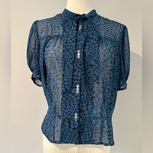 Fletcher By Lyell Blue and Black Sheer Blouse With Mandarin Collar Size M